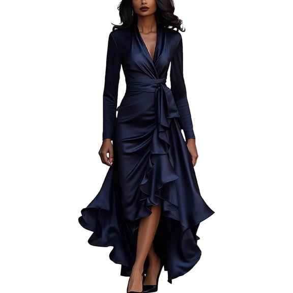 Quixlent Women's Satin V Neck Ruffle Long Sleeve Dress Tie Waist Split A-Line Wrap Dress Formal Cocktail Wedding Guest Dress