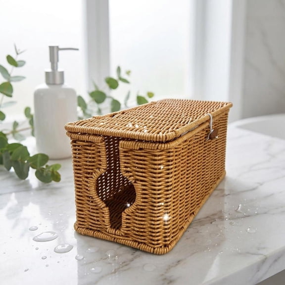 Plastic Cable Management Box, Decorative Imitation Rattan Cord Organizer Cord Hider Box, Desk Cord Management Box to Hide Cords Cord Management Desktop Organizing Box Cord Box Hider for Home