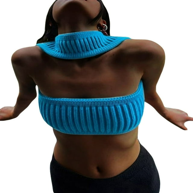 Haut Tube Tricoté à Col Halter pour Femmes Été Sans Manches Crop Top Ajusté Dos Nu