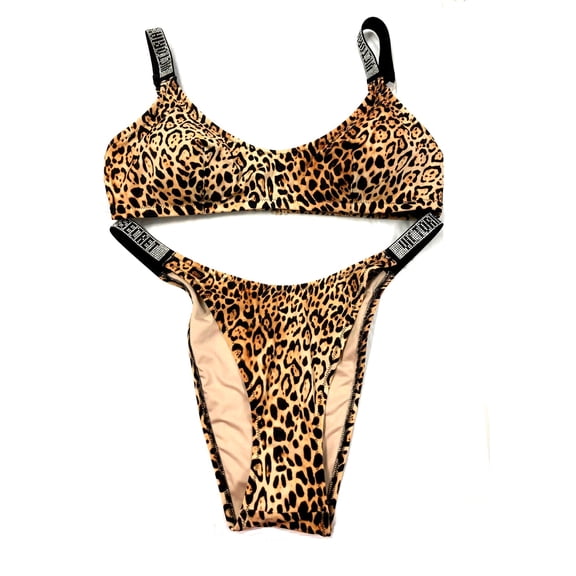 Victoria's Secret Shine Strap Tulum Scoop Lined Wireless Swim 2PC Set Leopard Size Large NWT