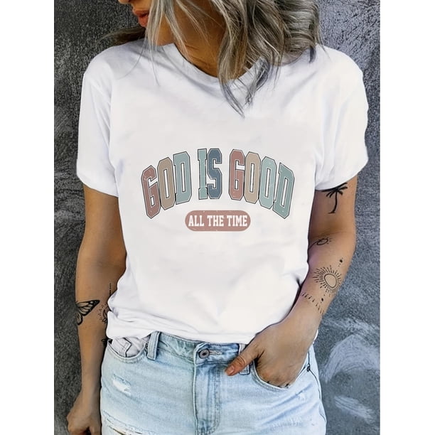 Camiseta informal de cuello redondo con estampado de letras - Manga corta para primavera y verano - Ropa de mujer, camisetas informales