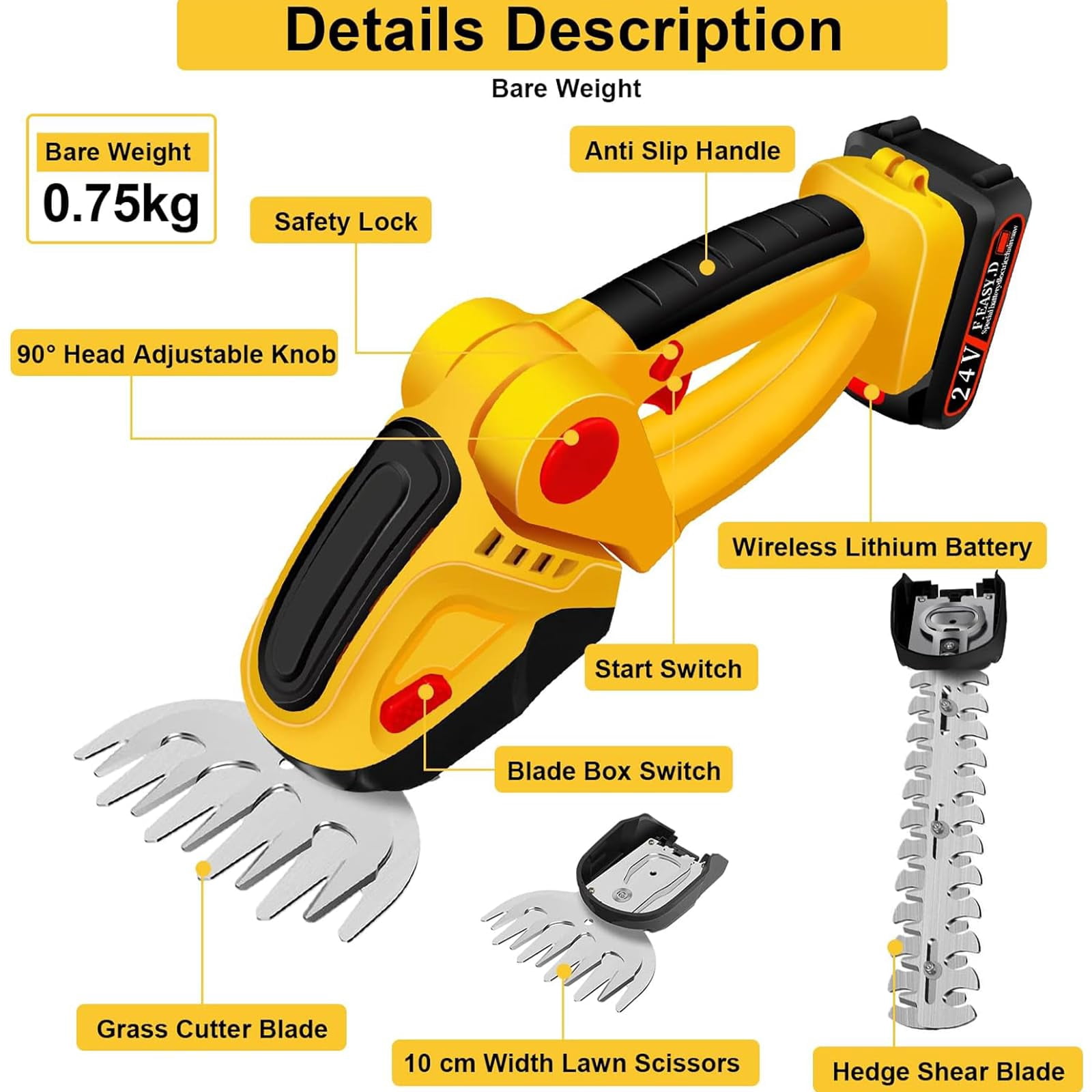 Cordless Hedge Trimmer, 2 in 1 Handheld Electric Grass Trimmer, 2x24V Li-Ion Batteries and Charger for Shrubs Garden Lawn and Trimming