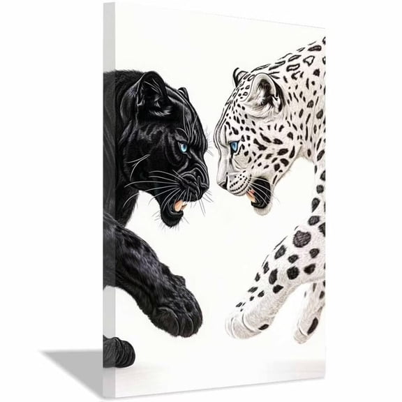 Mudket Framed White Leopard Canvas Wall Art, Black and White Animal Print Wall Decor, Bold Wildlife Art Ready to Hang - 12"L x 8"W