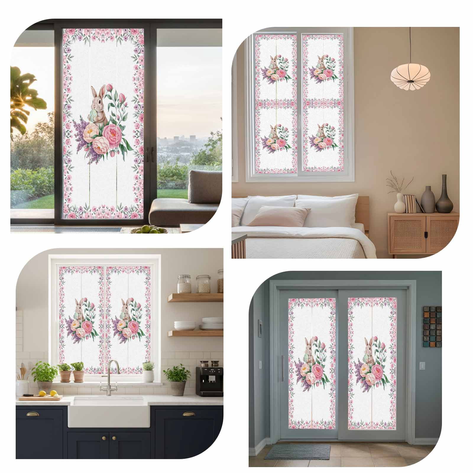 Easter Rabbit Window Privacy Film, Spring Pink Purple Floral Eggs Bunny Frosted Glass Window Clings Static Cling UV Heat Blocking Reusable Door Sticker for Bathroom 29.5 x 118 Inch