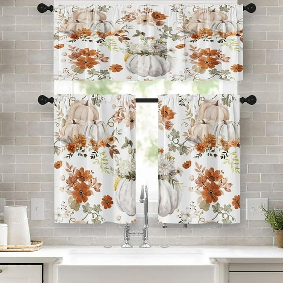 Fall Retro Floral Pumpkin Kitchen Window Curtains Valance and Tier Set 36 Inch, Autumn Vintage 3 Piece Window Treatment Tiers for Living Room Bedroom Kitchen Decor Drapes