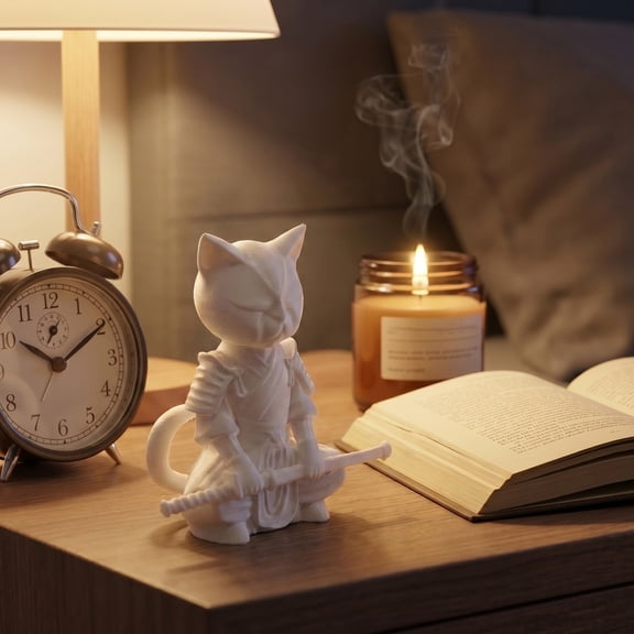 Warrior Cat Statue, 3D Printed Samurai Cat Sculpture Whimsical Desk Animal Ornament for Living Room Table Shelf Decor Gift for Cat Lovers Collectors