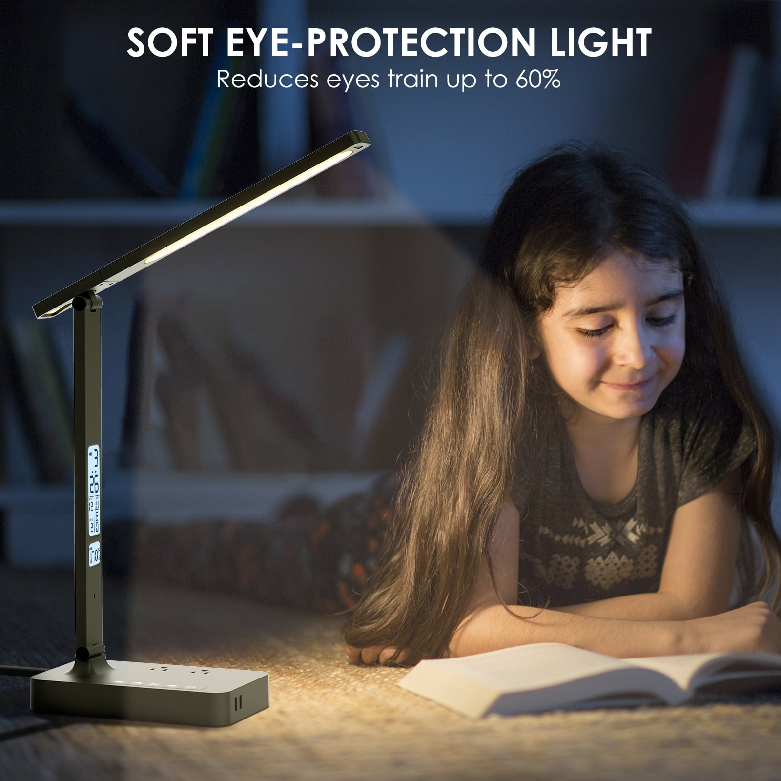 Lococo Desk Lamp with USB Charging Port: LED Eye-Caring Smart Table Light for Home Office - 1 Type-C, 1 USB-A Charging Port, 2 AC Power Outlets