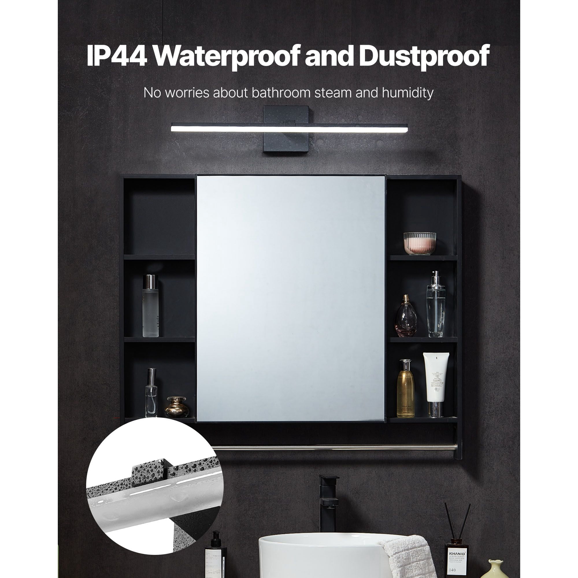 Bathroom Light Bar 18W 6000K LED Over Mirror Lighting IP44 Waterproof Dustproof Flicker-Free for Vanity Makeup Grooming