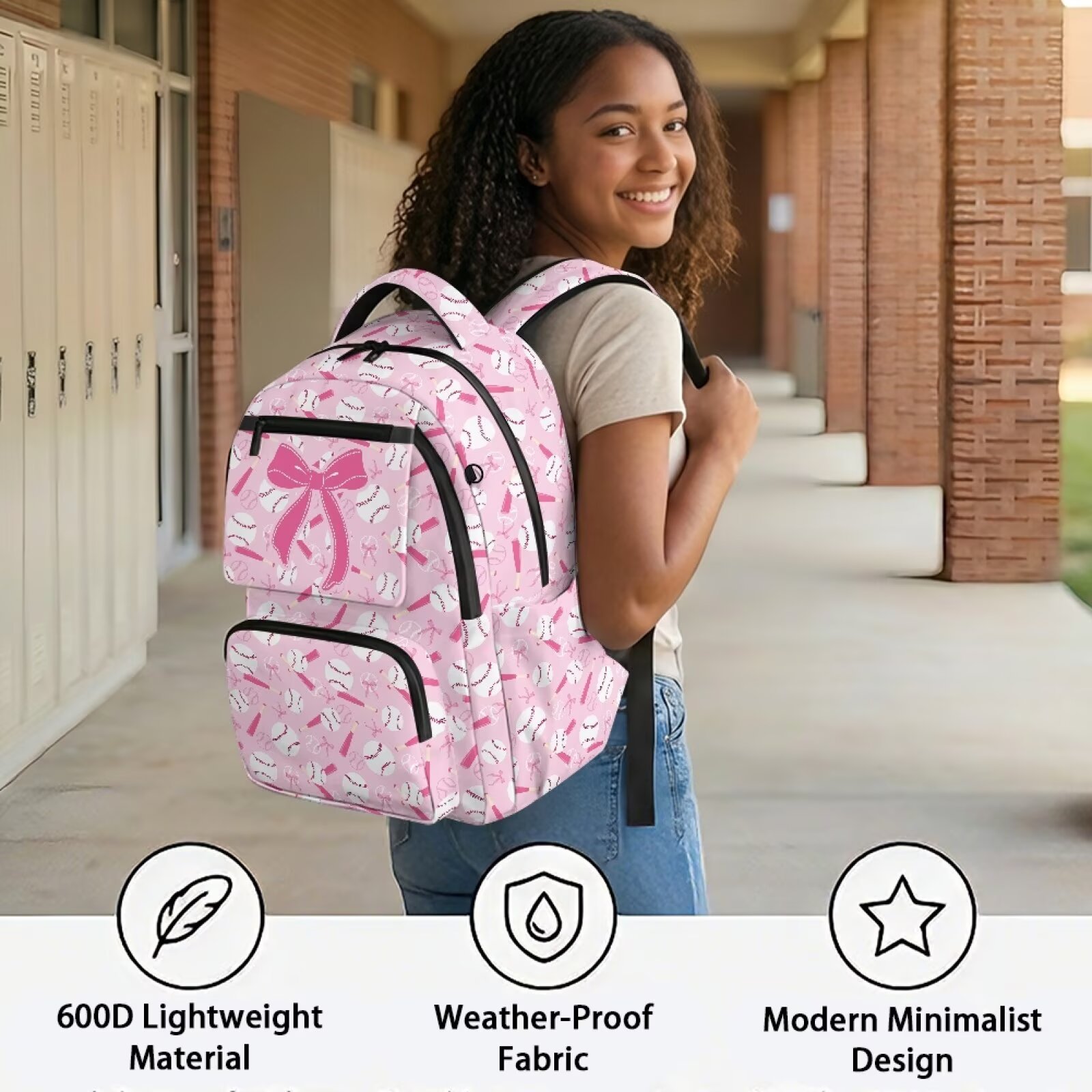 Mochila para niñas con diseño de murciélago y moño rosa, estampado deportivo, ligera, transpirable, duradera, impermeable, multi bolsillos, para regreso a clases 3