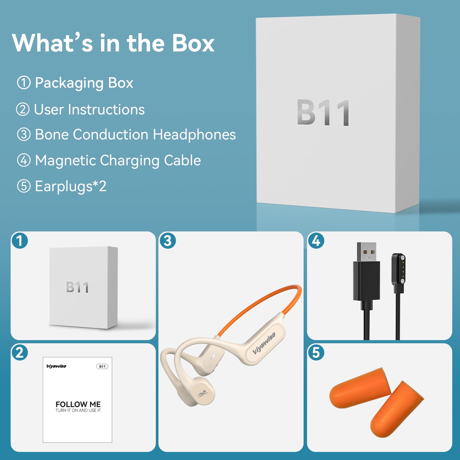 Viyawise B11 Bone Conduction Headphones, IP68 Waterproof Earbuds for Swimming, 32GB & Bluetooth 6.0 Wireless Underwater Open Ear Headphones with Mic for Sport
