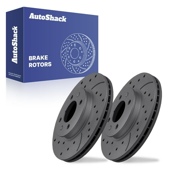 AutoShack Front Vented Drilled & Slotted Coated Brake Rotors Black Matte Finish 2-PC Set Replacement for 2006-2011 Hyundai Accent 2005-2011 Kia Rio 2006-2011 Kia Rio5 BlackShield 10.09" (256.2 mm)