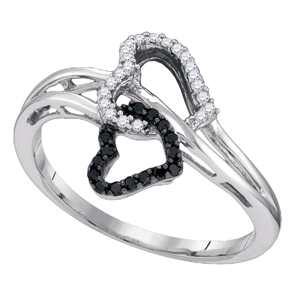 Black Diamond Double Heart Ring Solid 10k White Gold Two Hearts Band Of