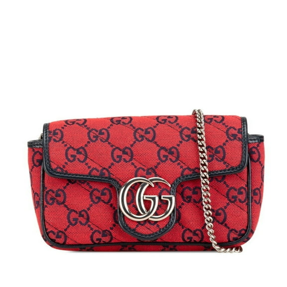 Pre-Owned Gucci GG Canvas Marmont Chain Shoulder Bag 661332 Red Navy Leather Women's... (Good)