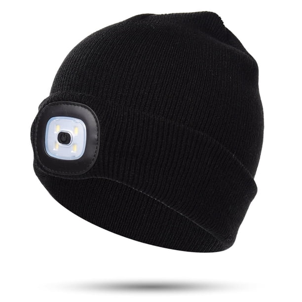 Gorro con luz LED para niños, regalo para niños y niñas, gorro de invierno suave, cálido y con luz, recargable por USB, con 4 LED de alto brillo (negro)