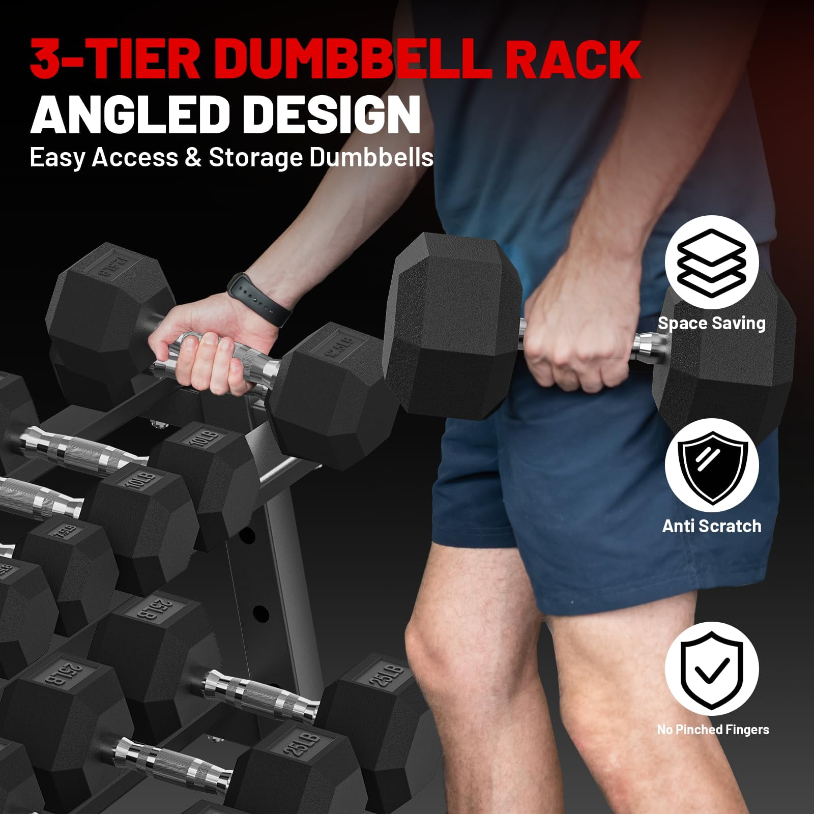 ROALW Hex Dumbbell 440 lb Set with Rack, Rubber Encased Free Weight with Weight Storage Racks, Multiple Weight Options for Home Gym and Fitness