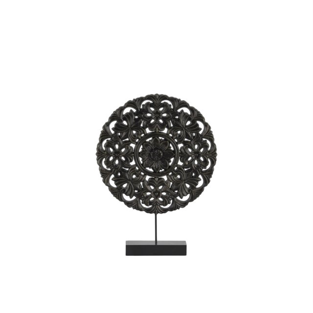 Ornement de Roue en Bois Rond à Motif Floral sur Support Rectangulaire, Petit, Noir