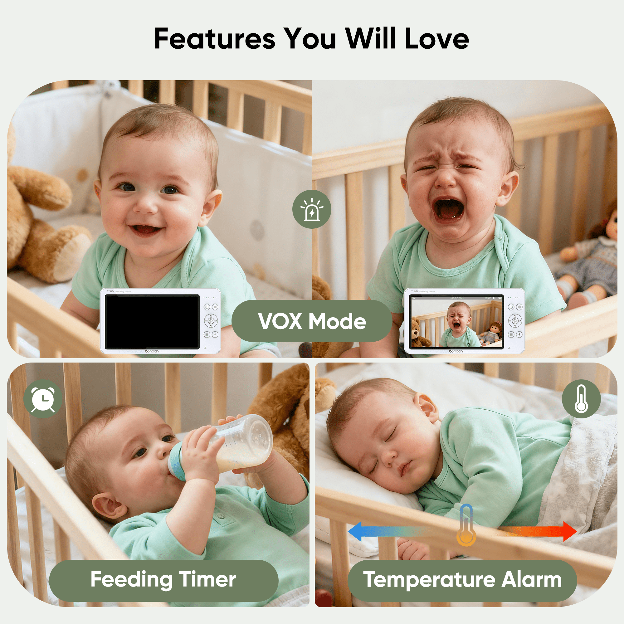 Bonoch 7" 720P HD Baby Monitor with Camera and Audio, Upgraded MegaView, No WiFi, Hack Proof, 6000mAh Battery, Remote PTZ, VOX Mode, Night Vision, White Noise, Ideal Gift for New Parents