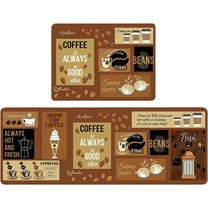 Coffee Kitchen Rugs Set 2 Piece,Kitchen Rugs and Mats Non Skid Washable Runner,Farmhouse Kitchen Sink Rugs Seasonal Holiday Party Low-Profile Mats for Home Kitchen(Brown 17"x48" 17"x24")