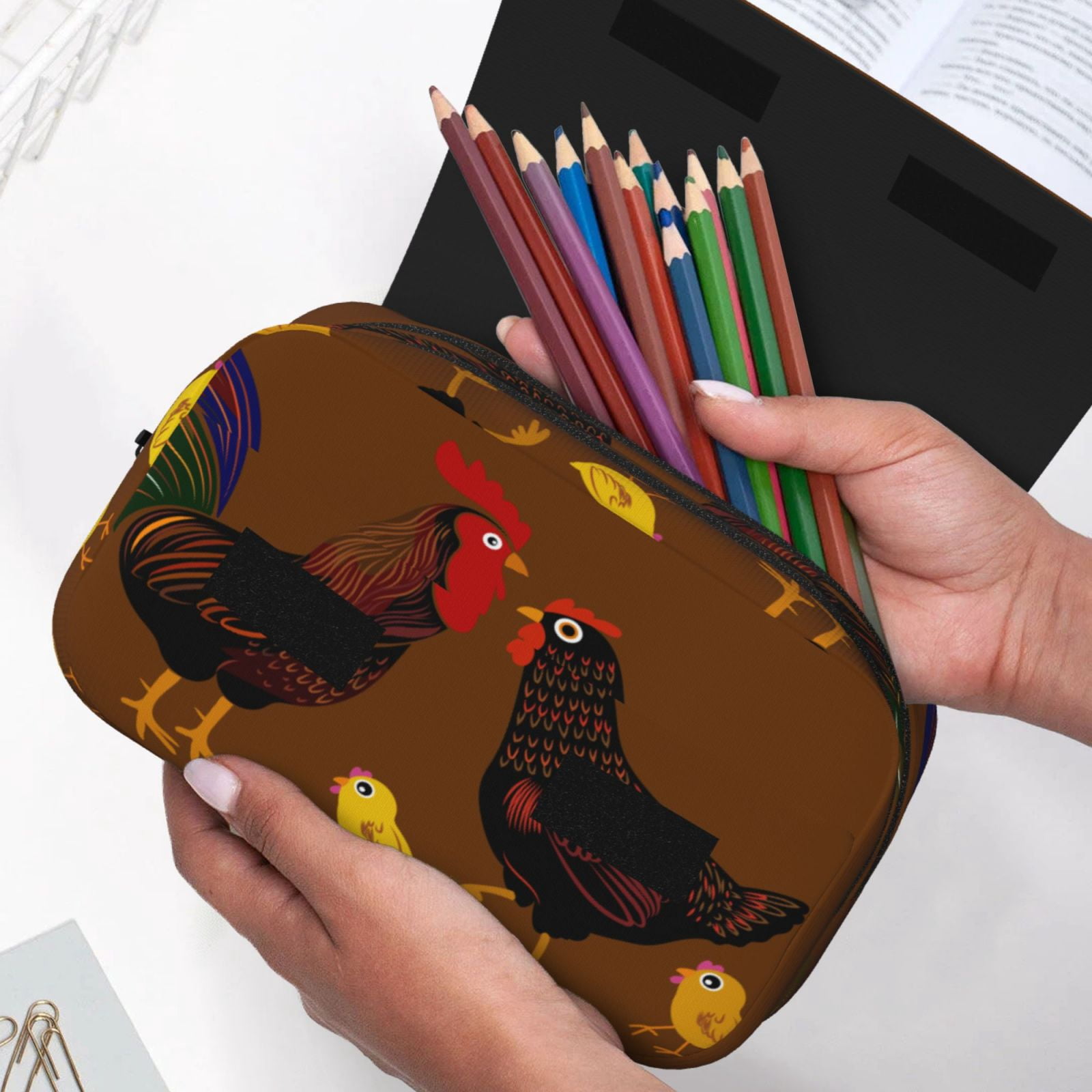 Rateoe Chicken Farm Animal Pattern Double Clamshell Pen Case, Storage Organizer with Two Zipper Compartments– Holds Up to 50 Pencils & Pens