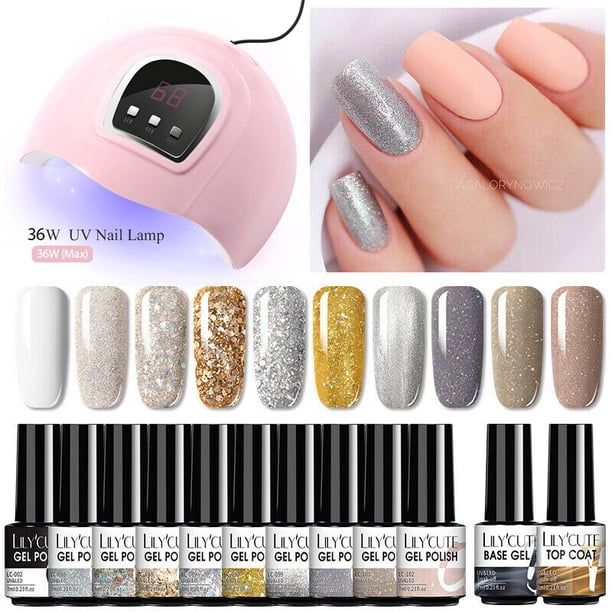 LILYCUTE Juego de manicura 36W Lámpara UV Juego de uñas 10 colores Semipermanente Juego de esmaltes de gel para uñas con capa superior para base Soak Off Lámpara LED UV zhangmengya LED