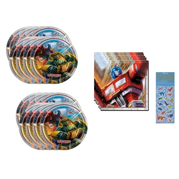 Transformers Birthday Party Supplies Bundles 16 Lunch Paper Plates, 16 Lunch Paper Napkins, 1 Dinosaur Sticker Sheet