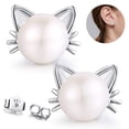 thumbnail image 1 of Pendientes de gato Pendientes de perlas de agua dulce Pendientes de tuerca de plata esterlina para regalo de mujer Adepaton 221862-3, 1 of 9