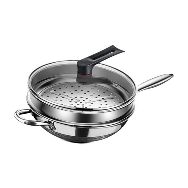 Sartén Wok de acero inoxidable Antiadherente con tapa y Cesta vaporera perfecl 32cm