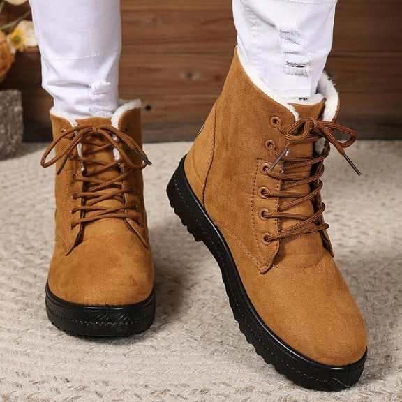 XIMIN Women's Cute Flat Shoes Lace Up Low Heel High Top Winter Snow Boots Warm Fur Lined Ankle Boots Comfortable Suede Lace Up Booties Outdoor Hiking Booties