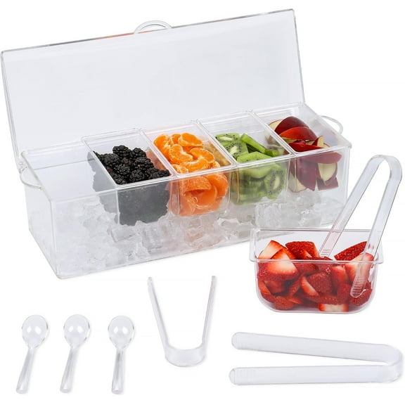 Condiment Caddy with 5 Removable 2.5-Cup Containers and Tongs/Spoon Set – Ideal for Salad Bars, Pizza Toppings, Bar Supplies