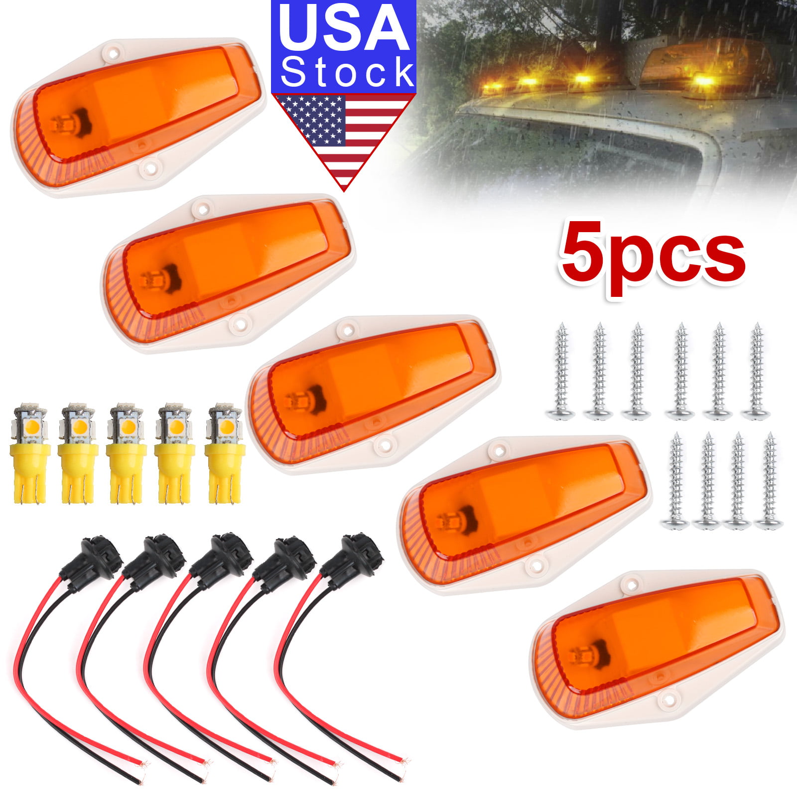 Top Clearance Light w/Wiring Pack Compatible with 1973-1997 F-250 F-350 F Series Pickup Super Duty Trucks Cab Roof Running Lights 5 X Cab Marker Light Amber Housing+base 