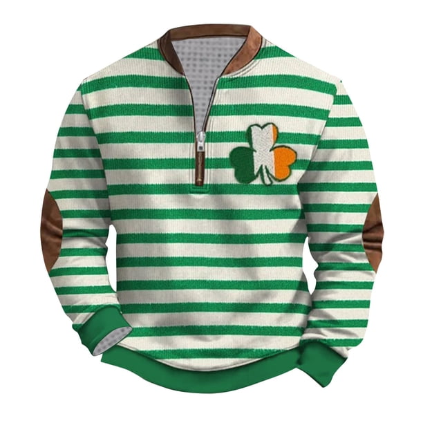Penkiiy Hombre Día de San Patricio Impreso Mitad superior Zipper de manga larga Top de manga larga Cuello redondo Camisa XL Multicolor