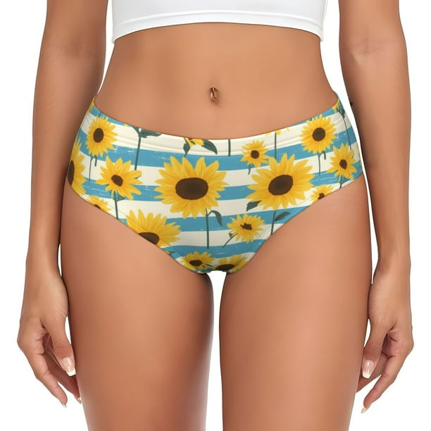 Fotbe White Blue Striped Sunflower Calzones Estampados para Mujer – Ropa Interior de Algodón, Cómoda, Suave y Elástica-Large