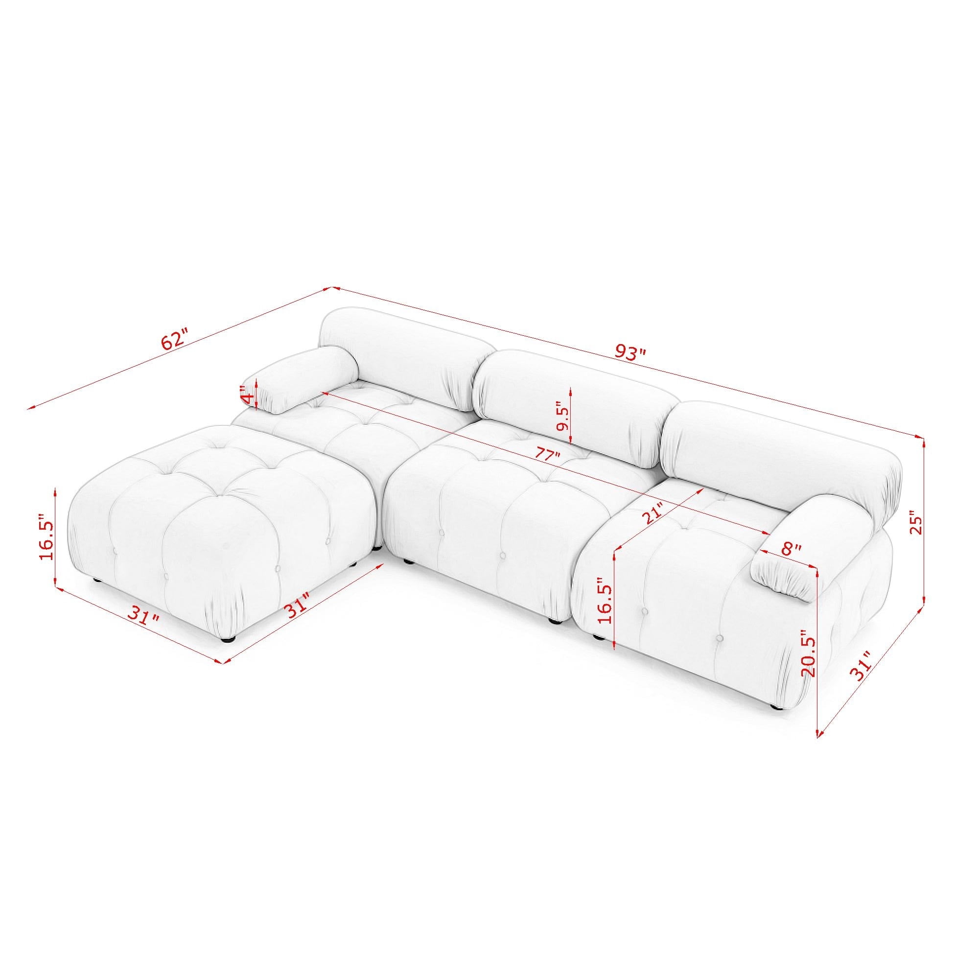 Aukfa 93" Sectional Sofa, Living Room Modular Couch with Ottoman, Pillow Top Arms, Velvet, Pink