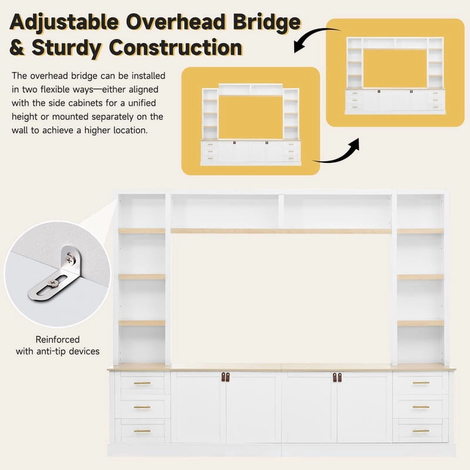 4-Piece Entertainment Center with Bookshelves for TV Up to 75", 102.3"W Farmhouse TV Stand with 6 Drawers and Adjustable Shelves for Living Room