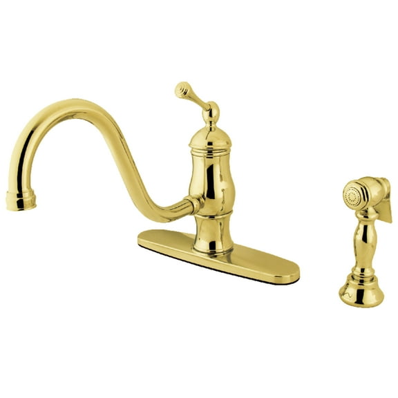 Kingston KS1572BLBS Heritage Single-Handle Kitchen Faucet with Brass Sprayer, Polished Brass