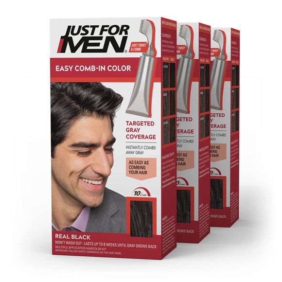 Just For Men Easy Comb-In Color (Formerly Autostop) Mens Hair Dye, Easy No Mix Application - Real Black, A-55, 3 Pack