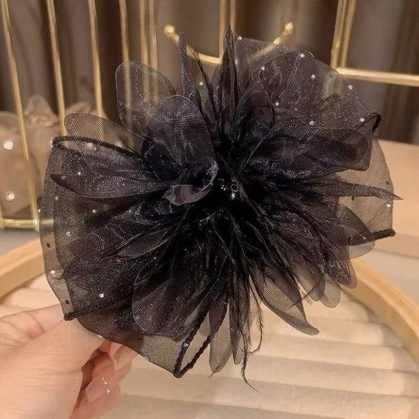 Elegante horquilla de alta gama con forma de tiburón y pinza para el pelo de plumas negras grandes para mujer