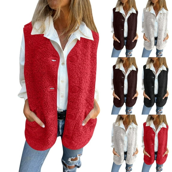 Women's Pocket Solid Color Sleeveless Cropped Fleece Button Vest Jacket Vest Coat for Fall and Winter, Short Style, Winter Clothes for Women,Beige,L
