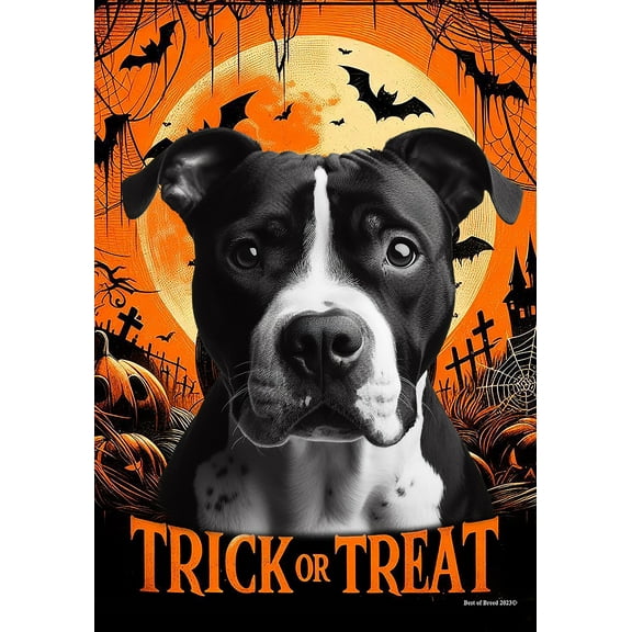 American Pit Bull Black/White - Best of Breed Halloween Garden Flag 12" x 17"