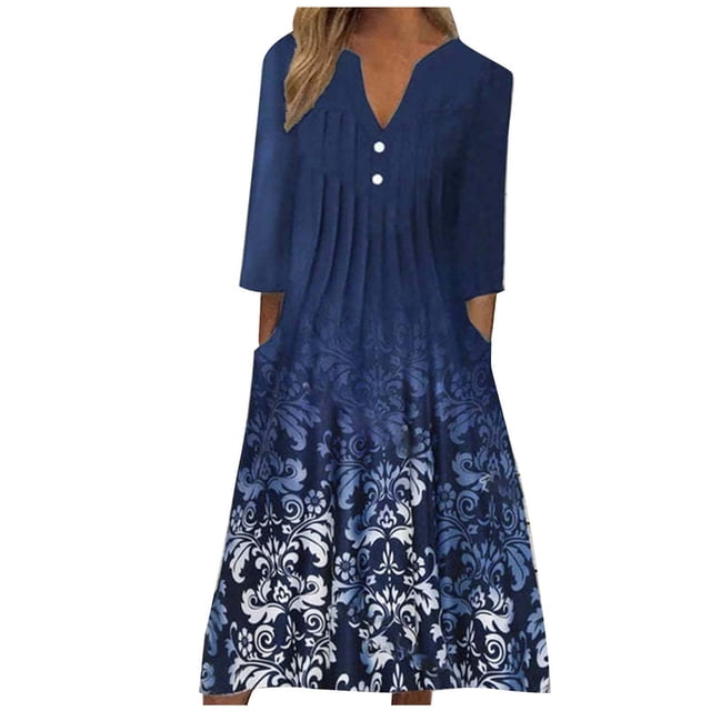 Robes Décontractées pour Femmes Été Femmes Automne Décontracté Imprimé Boutons Col en V Froncé Manches Mi-Longues Robes Décontractées pour Femmes Été