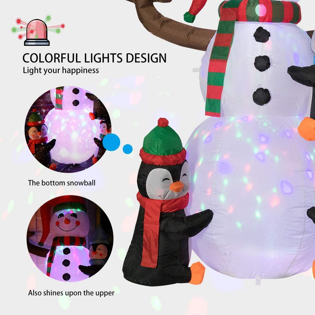WDDH 8ft Height Christmas Inflatable Snowman and Penguins,Inflatables Outdoor Snowman with Branch Hand and Colorful Rotating Led Lights Blow Up Yard Decoration Clearance for Xmas Party Decor 