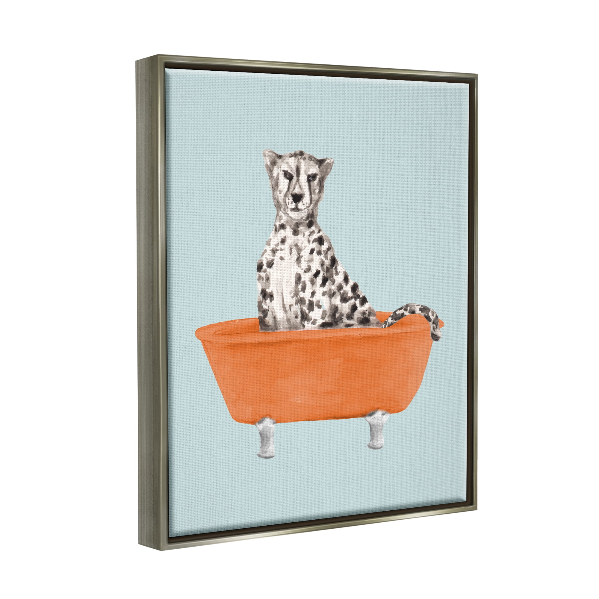 Stupell Industries Turquoise Cheetah in Tub Animals & Insects Painting Gray Floater Framed Art Print Wall Art, 25 x 31