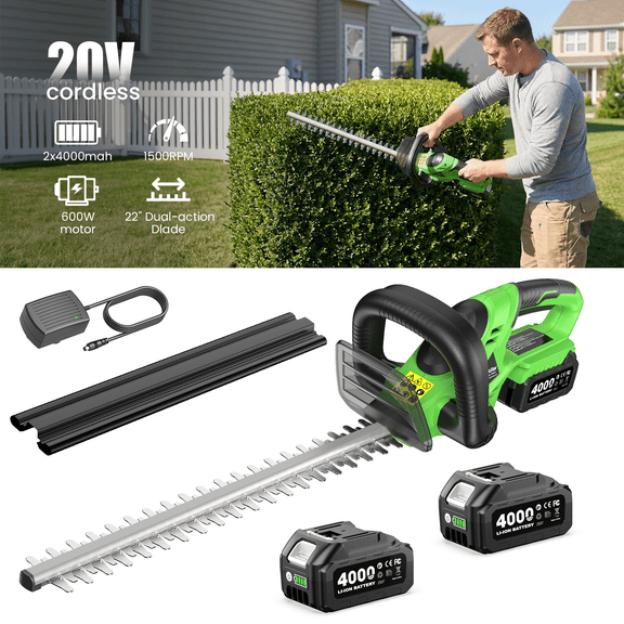 TaskStar 22" Hedge Trimmer Garden Yard Electric Cordless Handheld Shrub & Bush Cutters ,All-Around Trimming Hedge Cutter With 2*4.0Ah Battery