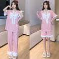 thumbnail image 3 of Pijamas de verano con lazo para mujer, ropa de dormir de manga corta, conjuntos de pijama de retazos, traje de 3 piezas, ropa de noche coreana 2023, 3 of 4