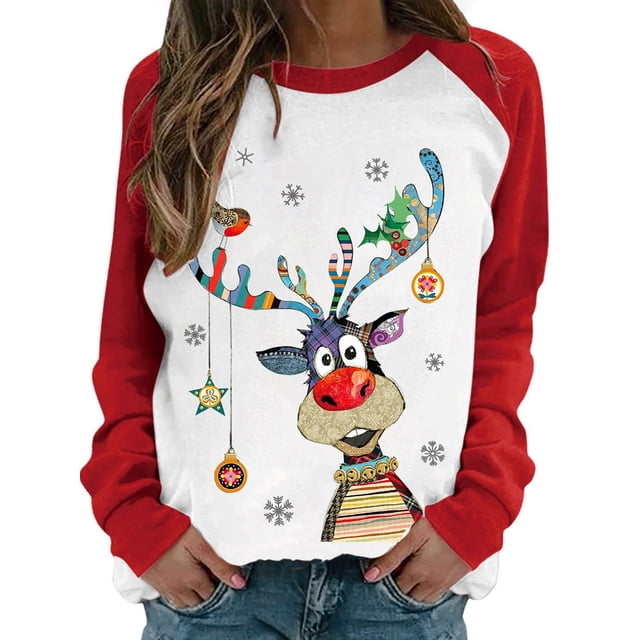 VISgogo Mujer Primavera Otoño Casual Pullover Manga Larga O Cuello Deer Print Patchwork Sudadera VISgogo moda