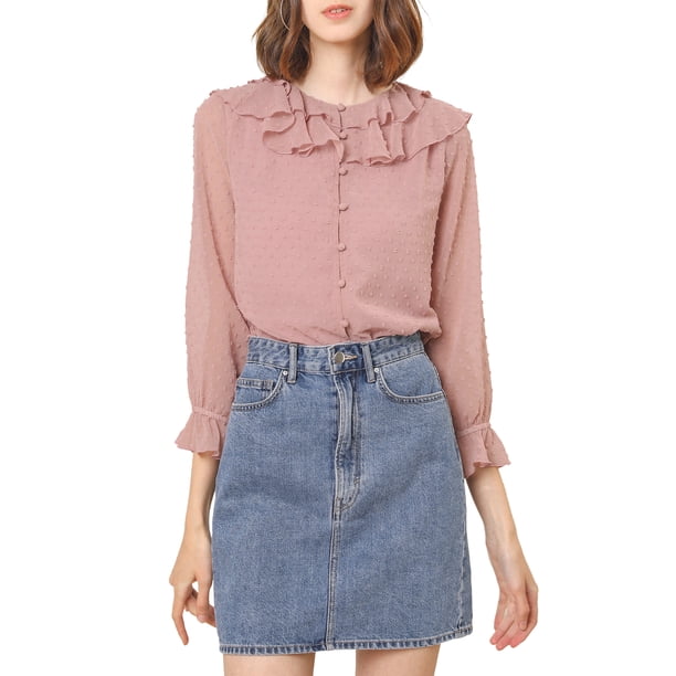 Blusa de gasa transparente con volantes y lunares INSPIRE CHIC para mujer, talla XS, color rosa