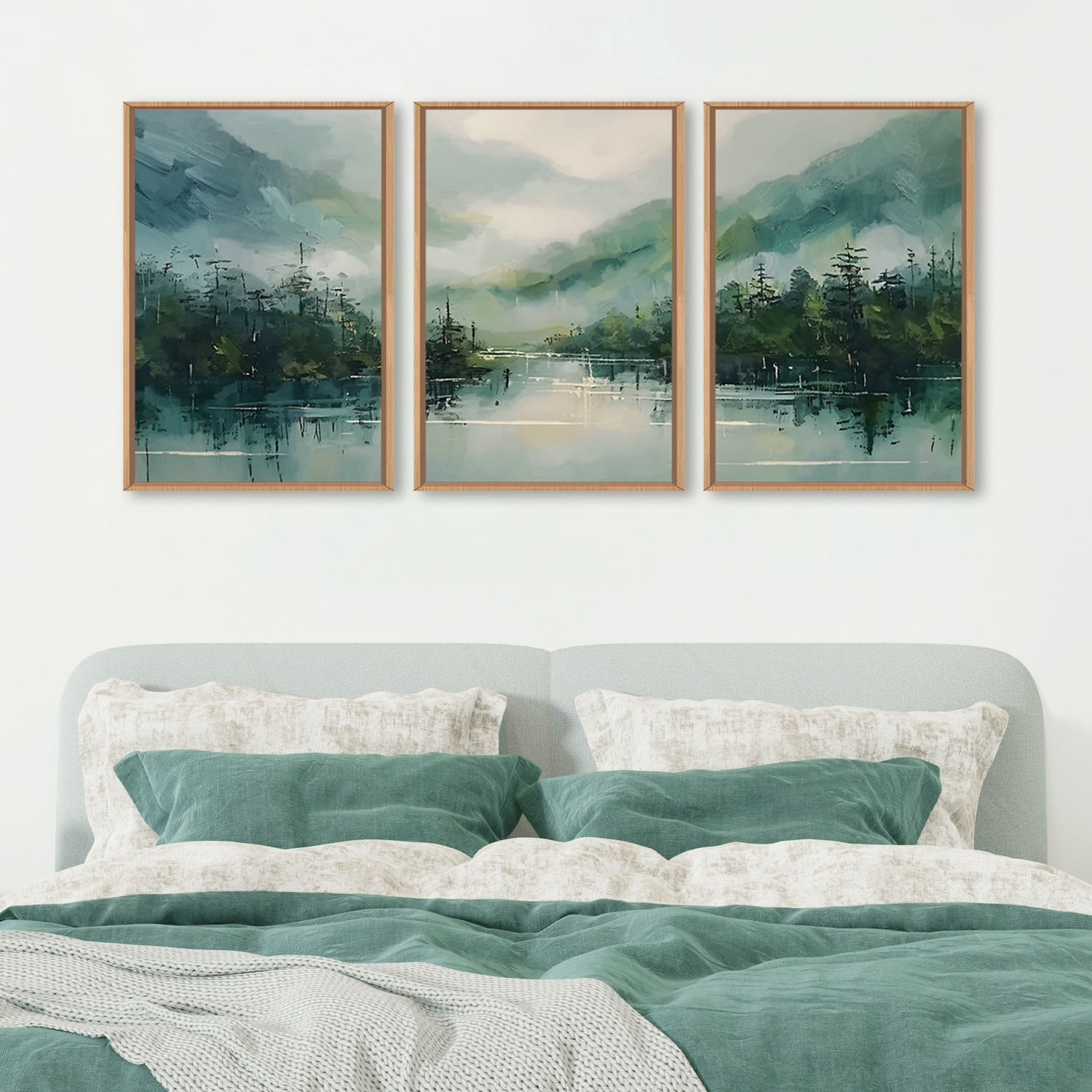 Large Geen Forest Mountain Framed Canves Wall Art Set,Misty Watercolor Artwork,Abstract Modern Nature Pine Tree Landscape Painting for Living Room,Bedroom,Office-16''x24''x3