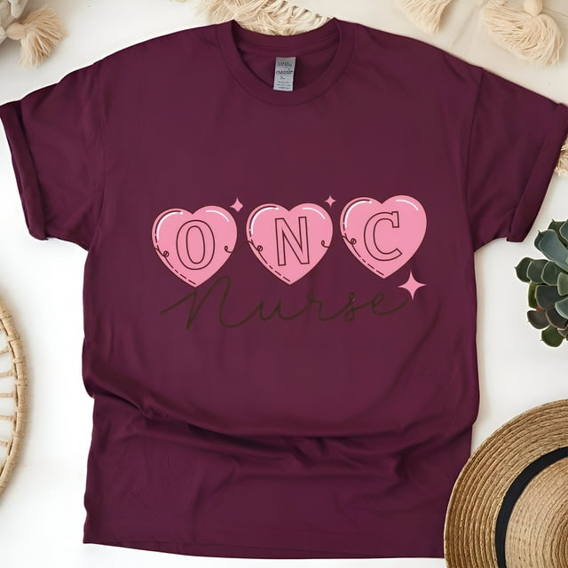 Oncology Nurse Graphic T-Shirt with Pink Heart Design, Maroon, Size S