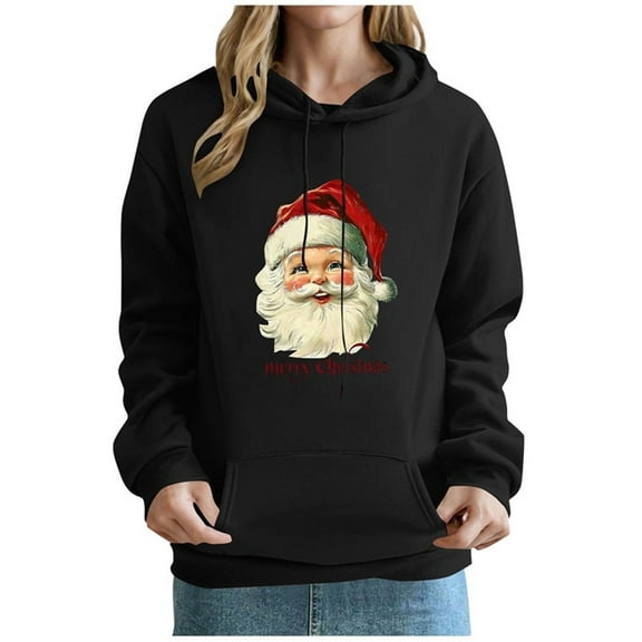 Women’s Retro Santa Claus Print Hooded Sweatshirt Long Sleeve Baggy Christmas Pullover with Pockets Festive Merry Christmas Hoodie for Holiday Outfits 2025 Trendy Casual Top