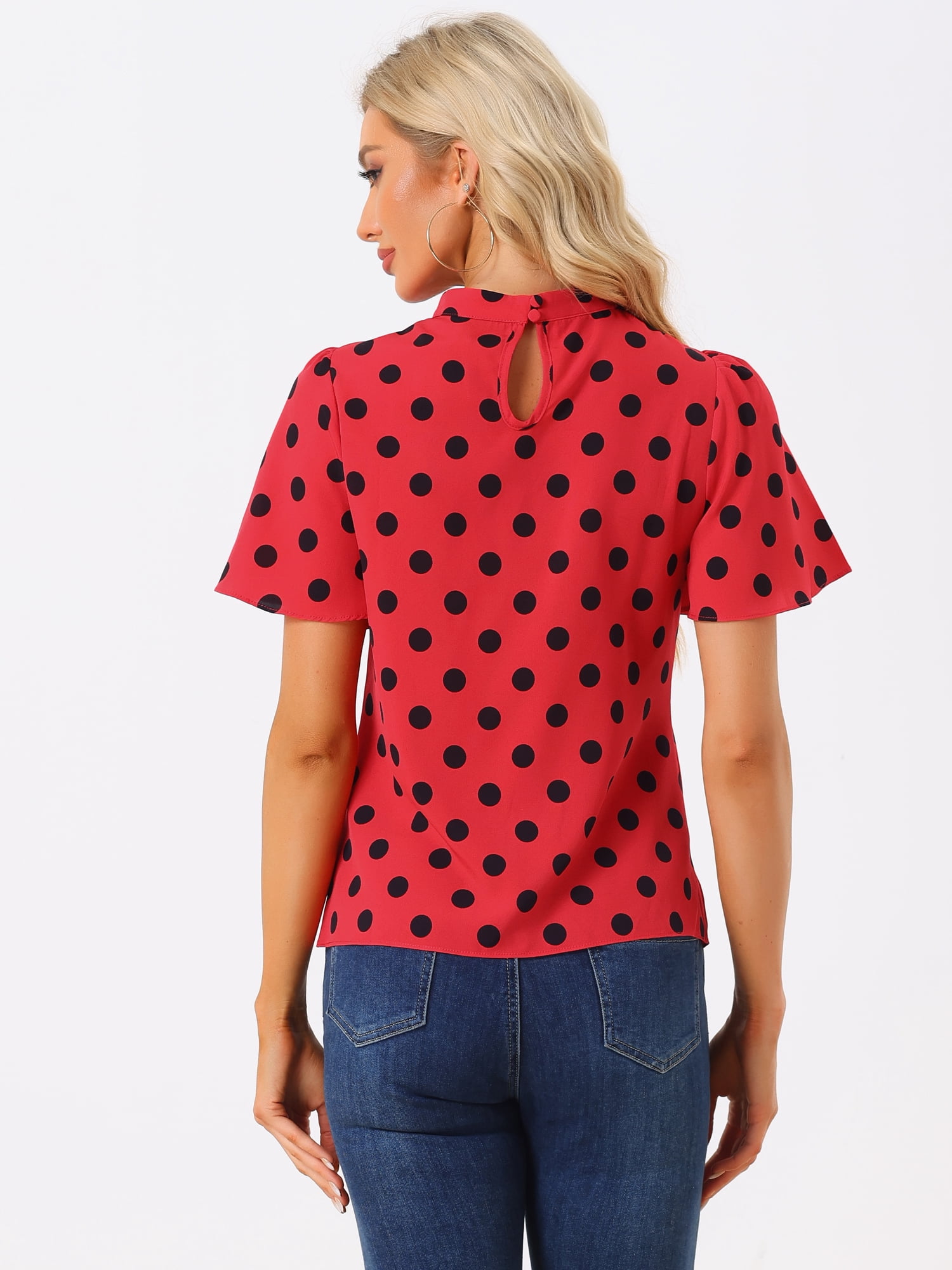 DARING DIVA Polka Dots Stand Collar Short Flare Sleeve Top L Red